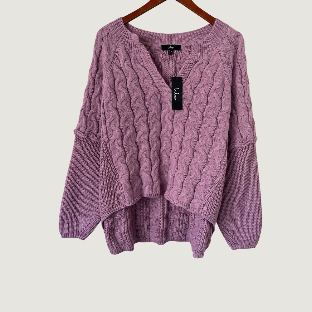 Lulus Lavender Purple Cable Knit V-Neck High-Low Oversized Sweater XL NWT boho